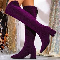 Sexy Purple Pointed Toe Botas Largas Mujer Luxury Sequins Square Heel Back Zipper Designer Boot Big Size Nightclub Stripper Shoe 41 violetinė
