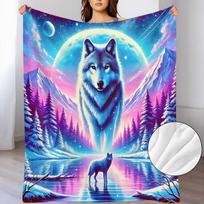 Wolf Under the Moonlight Pattern Flannel Small Throw Blanket, a Soft and Warm Blanket Suitable for Sofa Blankets, Home Leisure Blankets, Air-condition 75X95CM blue