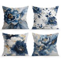 4 Pcs Blue Watercolor Flowers Single-Sided Printed Pillowcase Cushion Cover,Suitable For Living Room,Bedroom,Car Decoration Short plush 18*18(CM)-4Pcs