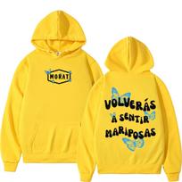 Blue‑butterfly Men Hoodie Front Small Hexagon Butterfly Logo Print, Back Bubble Font Spanish Quote Graphic Pullover For Trendy Daily Street Outfits 3XL mėlyna