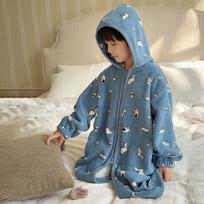 Kids Cute Warm Hooded Coral Fleece Bathrobe Boys Girls Winter Homewear 160cm mėlyna