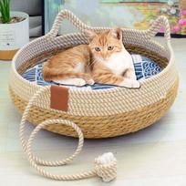 Didelė rankų darbo katės lova Žieminė šilta lizdinė vieta Naminių kačių namelis iš natūralių žolių pluošto Naudojimui visais metų laikais Cat Style Blue-White Striped