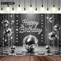 2D flat 1pc disco ball happy birthday party banner, shiny sequin pattern, with dangling beads and sparkly design 59x51.1inch/150*130cm