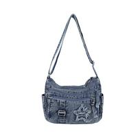 Denim Bag - Campus Student Single Shoulder Bag - Casual and Simple Large Capacity Crossbody Bag mėlyna