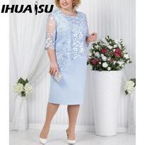 IHUASU S-5XL iki kelių ilgio proginė suknelė su nėriniuota viršutine dalimi ir aplikacija apačioje M mėlyna