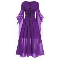Women Casual Plus Size Cold Shoulder Dress Color Lace Butterfly Sleeve Halloween Gothic Dress S violetinė