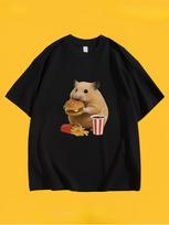 Funny Hamster Eating Burger TShirt Unisex WOMEN Meme Graphic Tee Summer Short Sleeve Black Shirt Humor Foodie Streetwear Tops 4XL brown