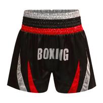 Berniukiški satininiai bokso šortai Blizgantis raidžių raštas Metalinis mozaikos raštas Spalvų blokas Šoninės skeltės sporto salės treniruotėms 13-14 Years raudona/sidabras