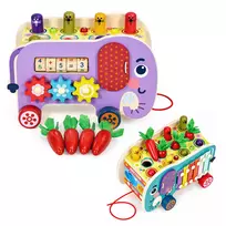 Medinis edukacinis kubelis „Elefantas“ 8-in-1: vežimėlis, rūšiuoklė, varpeliai, vabzdžių gaudymas – ECOTOYS