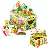 Medinis edukacinis žaislas „Varlė“ 8-in-1: vežimėlis, rūšiuoklė, varpeliai, vabzdžių gaudymas – ECOTOYS