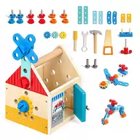 Medinis namelis su įrankiais, namų meistro rinkinys: plaktukas, varžtai, 32 elementai, „ECOTOYS“