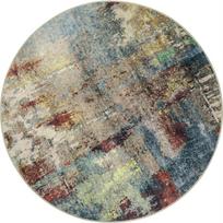 Abstraktus apvalus meno kilimas - Ryški mėlynos/žalių/geltonų/raudonų spalvų dermė, bohemiškas tekstūrinis kilimas svetainei 60cm-dia. gray