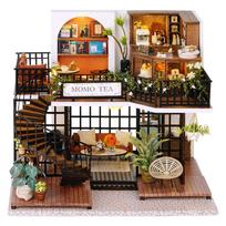 Medinis lėlių namelis 3D dėlionė surinkimo statybos modelio rinkinys Gamyba Mažas kambario žaislai Namų miegamojo dekoravimas Su baldais Šviesa black