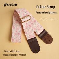 Retro Pink Peony Folk Guitar Strap - 5cm Wide & Comfortable Soft Pink Peony brown