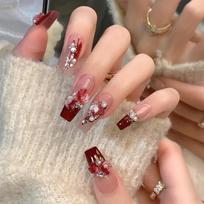 1Set Ballet Gradient Rose False Nails  Medium Length, Glossy Finish with Floral and Rhinestone Accents raudona