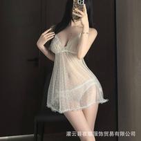 Night cat sexy polka dot erotic underwear perspective dream mesh seduction suspender nightdress deep V open panty set One size fits all gray