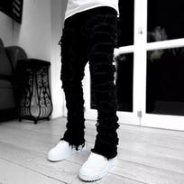 Men's Fashion Jeans Work Pants, European and American Fashion Workwear Elastic Patchwork Denim Layered Flared Pants XS-XXL XL white