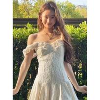 New summer brown fine stripe slimming slimming hot girl lace short skirt lace patchwork dress trendy women's fashion M beige