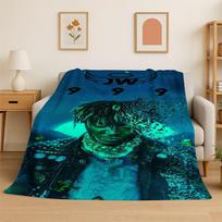 retro Juice WRLD 999 Legenda Raperis Žvaigždė Flanelinis pledas Minkštas šiltas pledas miegamajam svetainei lovai kelionėms stovyklavimui Size: 75*100cm, Weight: 230 GSM blue