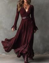 Bohemian suede waist deep V-neck lace splicing ruffle vibe dress dress XXL black