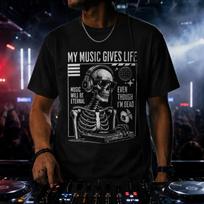 My Music Gives Life Dj T Shirt Skeleton Electronic Lover Rave Festival Clothing Techno House Vintage L gray