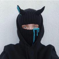 Halloween Knitted Balaclava Hat Full Face Cover Ski Cap Funny Devil Horn Beanie  Autumn/Winter mėlyna/juoda