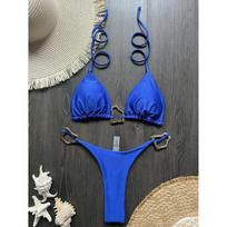 Shiny Metal Ring Halter Mini Thong Bikini Women Swimwear Two-Pieces Bikini Set Female Swimsuit Bather Bathing Suit Swim L mėlyna
