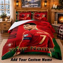 Cristiano Ronaldo Pattern Bedding 3Pcs Set Custom Name, Bed Sheet And Pillowcases For Home Bedroom 140cmx200cm red