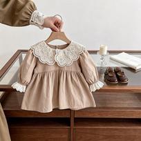 Girls Long Sleeve Princess Dress Sweet Lace Collar Autumn Kids Dress 80cm chaki