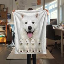 1Pc Samoyed and Shilu Print Flannel Blanket, High quality Comfortable for All Seasons, Home Decor, Warmth and Comfort, Perfect for Gifts 80cm x 120cm gray