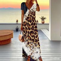 Women Plus Size V Neck Short Sleeve Maxi Dress Vintage Leopard Animal Print Lightweight Summer Resort Long Dress XL beige