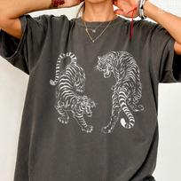 Japanese Fighting Tigers Tee – Vintage tattoo tiger - Cool Tiger shirt 140 gray