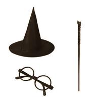 Helovino burtininko kostiumo aksesuarų rinkinys Juoda raganos skrybėlė Apvalūs akiniai Magiška lazdelė Cosplay rekvizitai teminiam vakarėliui one size black