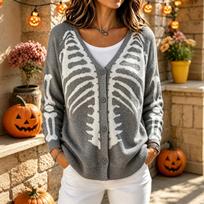 Women's Funny Skeleton Ribcage Print Fashion Sweater Top for Halloween and Winter L gray
