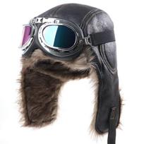 Žieminė šilta odinė aviacinė kepurė su vilnos pamušalu ir vėjui atspariais akiniais vyrams ir moterims, skirta naudoti lauke Black - Silver Frame, Colored Lens gray