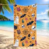 Orange Base Halloween Skull Ghost Bat Spider Web Print Microfiber Beach Towel Portable Absorbent Bath Towel 75X95CM orange