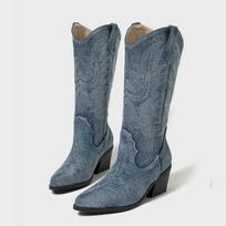 Mada Mada Džinsiniai Smailianosiai Paaukštakulniai Batai virš Kelio Moterims Rankų Siuvinėjimo Dizainas Vesternas Kvadratinis Aukštas Kulnas Rudens Žiemos Batai Botas Mujer 41 tamsiai mėlyna spalva