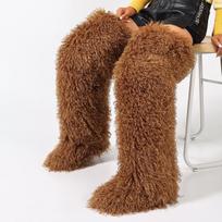 European-American 72cm Faux Tibetan Sheep Fur Thigh-High Snow Boots for Autumn & Winter 44 brown