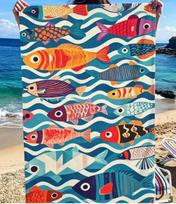 Colorful Hand Drawn Fish Beach Towel, Microfiber Large Sand Free Quick Dry, Retro Ocean Print, Soft Absorbent Beach Towel 50X100cm &1pc white