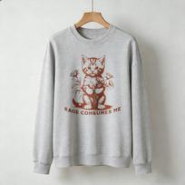 Rage Consumes Me Vintage Kitten Rose Graphic Sweatshirt Retro Cat Floral Print Pullover Funny Dark Humor Casual Loose Sweatshirt M gray