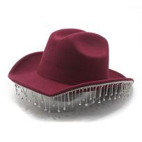 New Western Cowboy Hat Water Drop Gem Medium Chain with Rhinestone Tassel Bridal Hat, Vacation Sun Hat M（56-59cm） black