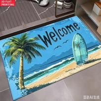 Vintage Beach Welcome Print Doormat Palm Tree and Surfboard Design Non-Slip Floor Mat for Summer Home 30x50cm black