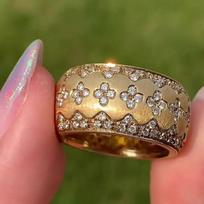 Handmade Brushed Cloth Chi Court Style Ring Light Luxury High Sense Real Gold Electroplated Full Diamond Four-leaf Clover Women's Ring no. 10 brown