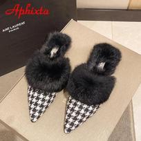 New Warm Winter Real Rabbit Fur Plush Women Slippers Birds Furry Plaid Shoes Pointed Toe Flat Heel Hair Slides 39 black