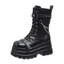 Platforma Stori gotikiniai batai Moteriški sagtis rudeniniai batai moteriški pleištai aukšti batai Punk Street Cosplay Botas motociklo grandinėlė 42 juoda