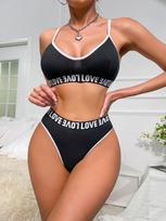 High-end erotic underwear black pit strip letter temptation sexy underwear two-piece set sexy European and American suit XL juoda