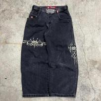 Siuvinėtos Baggy džinsinės kelnės Y2K vyrams ir moterims Harajuku hiphopo siuvinėtos vintažinės mėlynos Baggy džinsinės kelnės žemu liemeniu plačios kelnės M black