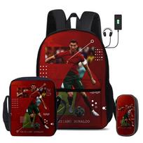 Ronaldo 3 dalių rinkinys Mokyklinės kuprinės su USB sąsaja CR Futbolo žvaigždės Pečių krepšys Futbolo sporto pieštukinė vaikams Kuprinė