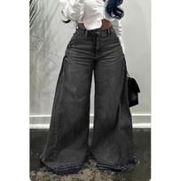 Womens Y2K Vintage Washed Baggy Denim Pants Wide Leg Flared Trousers Loose Fit Mid-Rise Cotton Jeans 2XL juoda pilka spalva