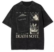 Harajuku Vintage Washed Death Note T Shirt, Anime Graphic Print Cotton Unisex Oversized Short Sleeve Streetwear Tee for Men Women L gray